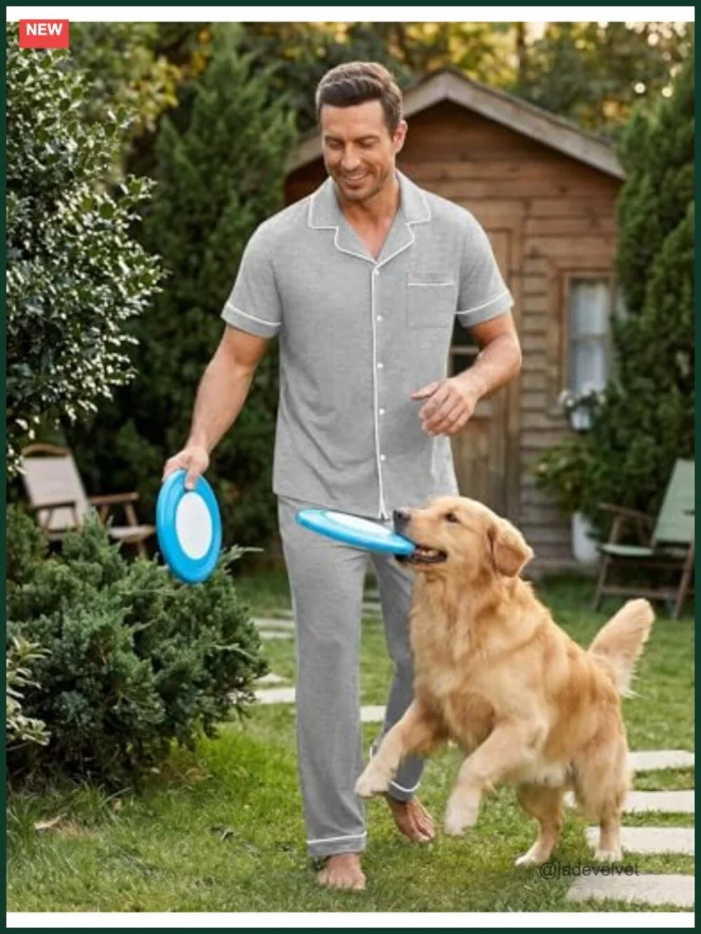 Men's Cotton Pajama Set Short Sleeve Button Down Top Long Pants Loungewear
